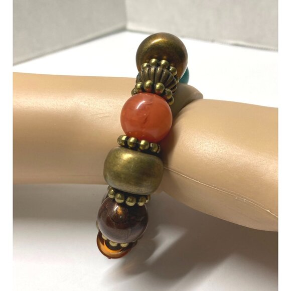 Chunky Beaded Bracelet Faux Stone Earth Tones Stretch Retro Boho Hippy - Picture 5 of 8